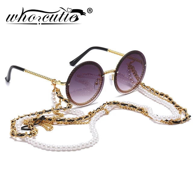 WHO CUTIE 2019 White Pearl Sunglasses Chain Women Lanyard with