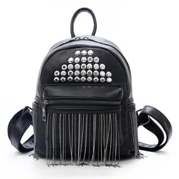 

FGGS-Retro Tassel Shoulder Small Backpack Korean Soft Leather Personality Ladies Rivet Casual Backpack