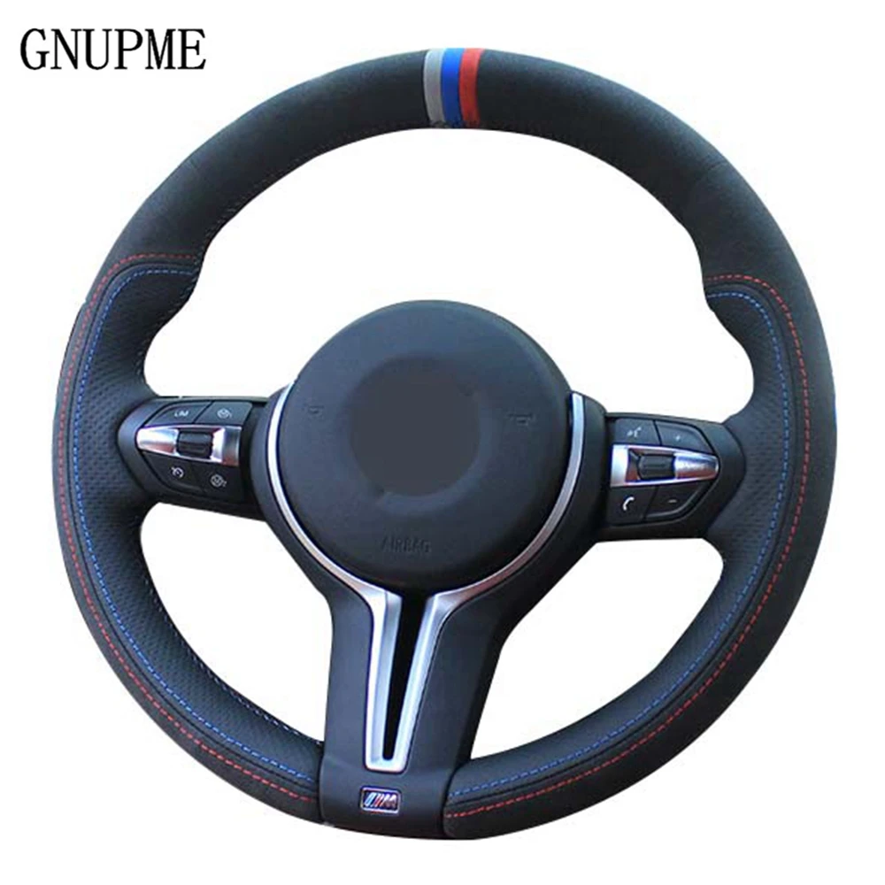 

Car Steering Wheel Cover For BMW M Sport F30 F31 F34 F10 F11 F07 X1 X2 X3 F25 F32 F33 F36 F39 F48 Black Suede Genuine Leather