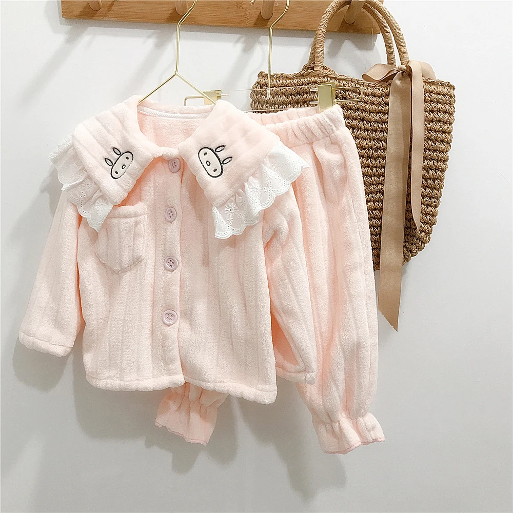 

Autumn Winter Children Home Clothes Sets Kids Thick Warm Flannel Pyjamas Suits Baby Girls Lace Turn-Down Collar Tops+Pants 2pcs