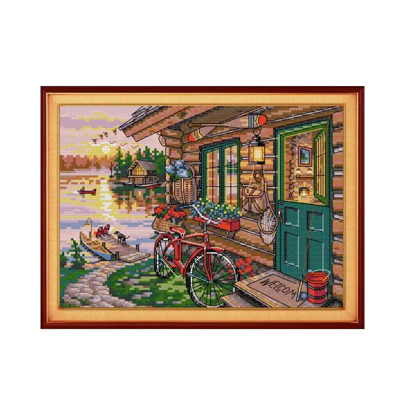 Cross Stitch Kit Riverside hut Aida 14ct 11ct Count Print Canvas DIY Embroidery