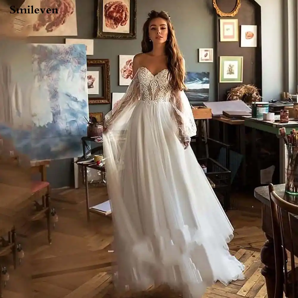 Smileven Boho Wedding Dress 2021 Puff Sleeves Bridal Gowns