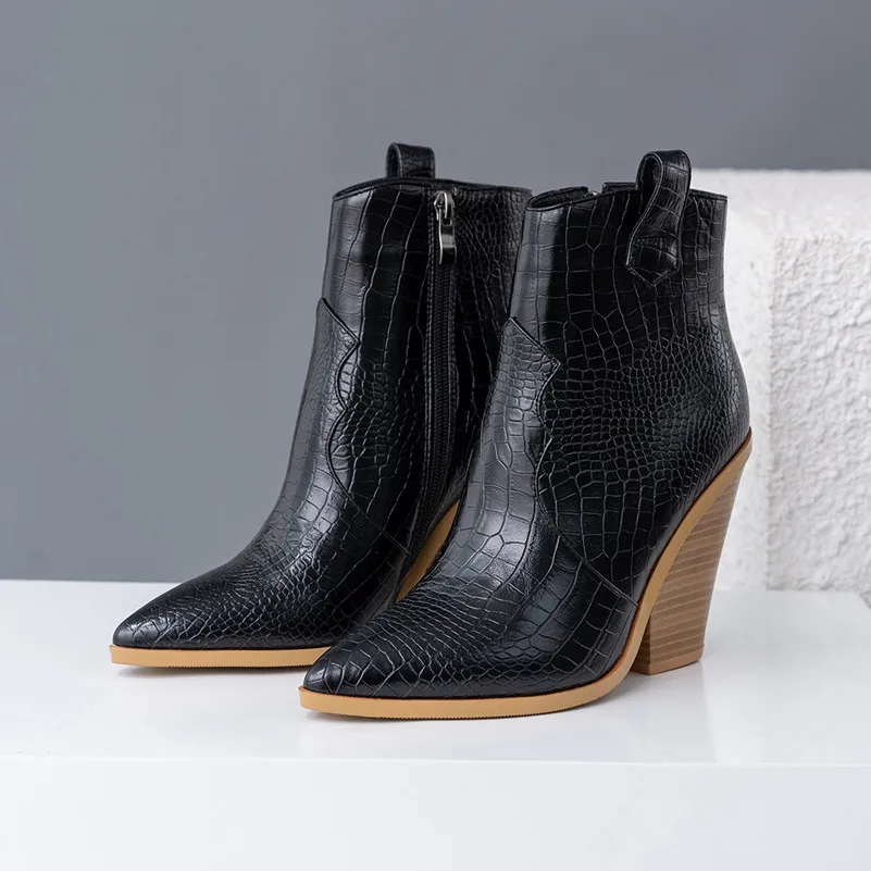 Meotina/Брендовые женские ботинки; осенние ботинки в западном стиле; ботильоны на высоком каблуке в необычном стиле; обувь с острым носком на молнии; женская зимняя обувь; большие размеры 46 - Цвет: Черный