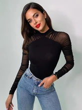 

2022 Sexy Mesh Women's T-shirt Tops Long Sleeve Slim Gauze Siamese Tee Shirts Femme Solid O-neck Thin Top
