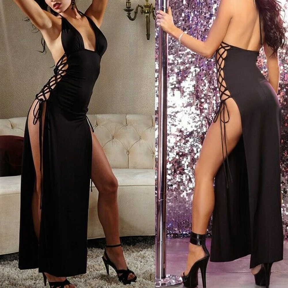 

KLV Women's Sexy Lingerie Long Dance Dress Cocktail Babydoll Club Underwear Female Side Strap Waist Hollow Out Japanese Dresses