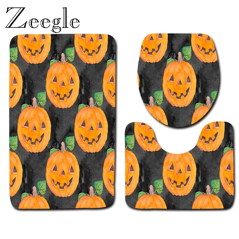 Halloween Bath Mat Set Anti Slip Bathroom Doormat Shower Mat Polyester Toilet Seat Cover Mat Absorbent Flannel 3pcs Toilet Set