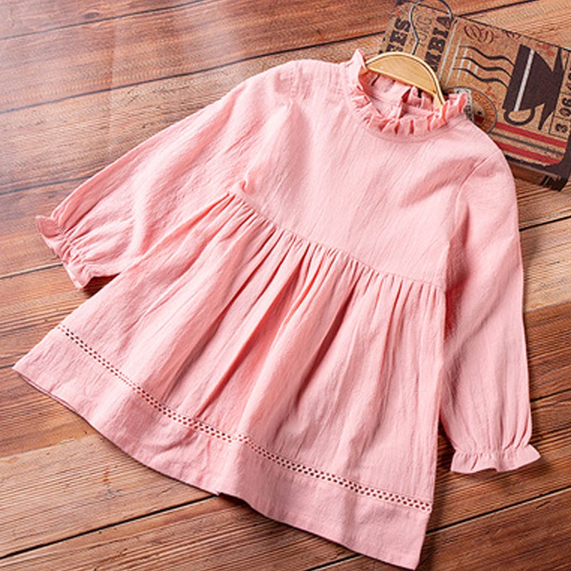 summer and autumn girls shirt girls dress solid color round neck casual vestoidos long-sleeved female children dress - Цвет: pink