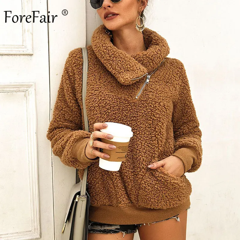 

Forefair Zip Oversize Faux Fur Sweatshirt Winter Women Pullovers 2019 Turn Down Neck Long Sleeve Warm Casual Fleece Hoodies