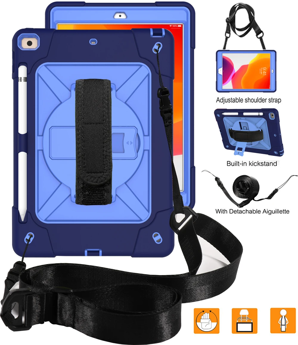 dark blue blue Чехол для планшета для iPad 10,2 7-го поколения 10,", детский сверхпрочный защитный чехол, вращающаяся подставка/ремешок на руку+ плечевой ремень - Цвет: dark blue blue