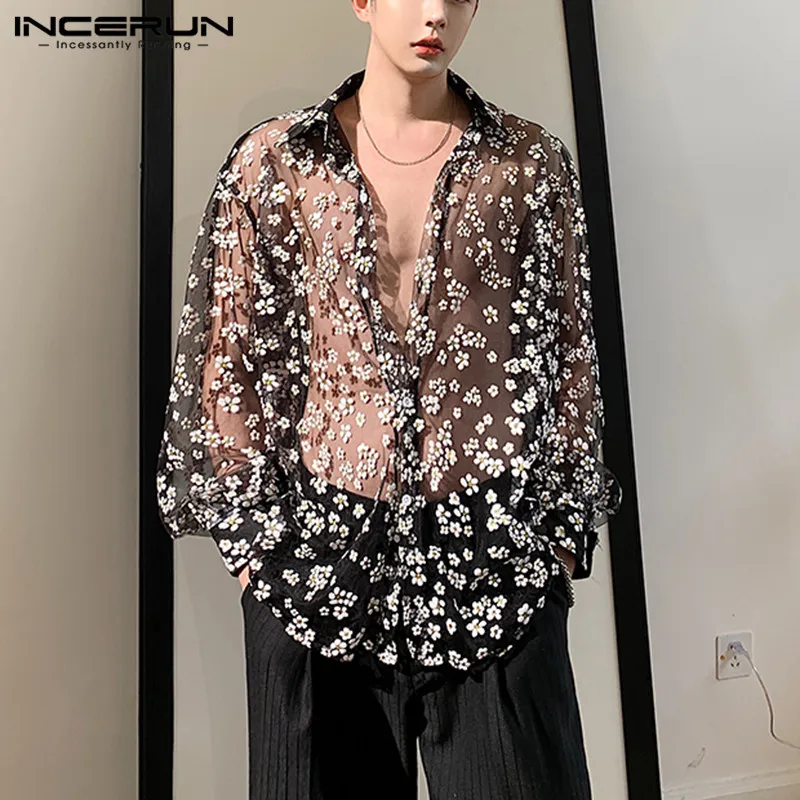Fashion Men Long Sleeve Mesh Shirts Turn Down Collar Casual Printing Shirt Man See Through Loose Blouse Party long sleeve shirt men casual shirt