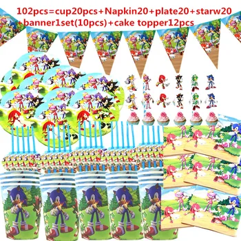 

102pc Sonic the Hedgehog birthday party Disposable decorationParty Tableware Set tablecloth Cup paper plate kids party supplies