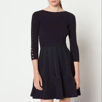 

Runway Striped Knitted Women Dress Hollow Out Wrist Sleeve Office Ladies Dress Autumn Winter Female Midi Dress Ruffles Vestidos