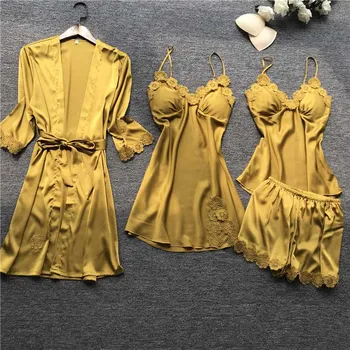 

Women Pajamas Set 4 Pcs Satin Silk Lace Pajamas Sexy SleepwearCasual Home Service Autumn Nightwear V-neck Pyjamas Home Suit