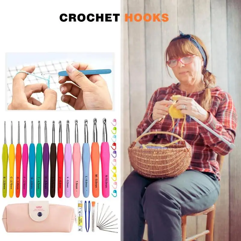 

14pcs Aluminum Crochet Hooks Set TPR Soft Handles Knitting Needles Kit weaving Tools DIY Sewing Craft
