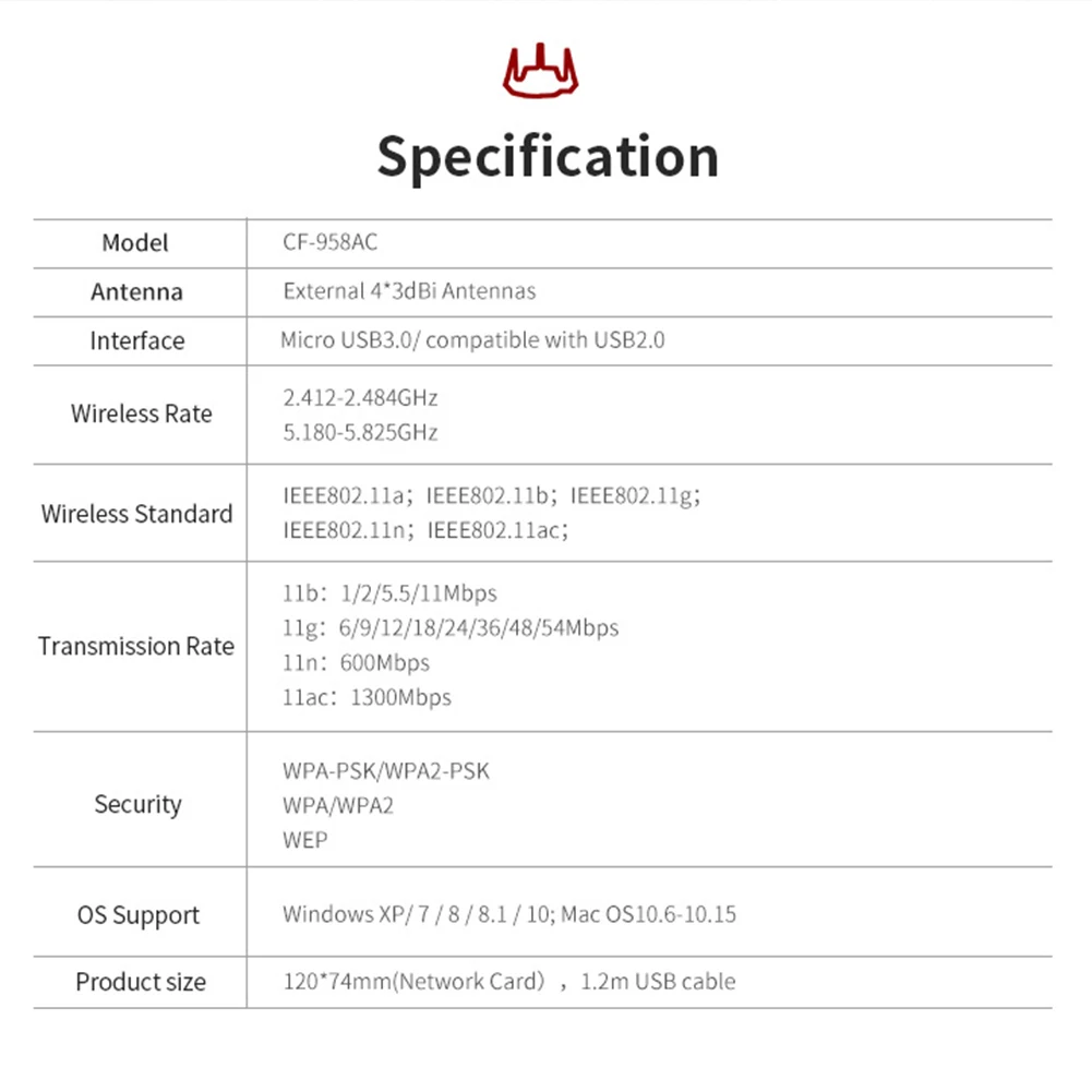 CF 958AC 1900 м передача музыкальных данных ноутбук Настольный Сигнал беспроводной сетевой адаптер двухдиапазонный USB 3,0 игровой wifi стабильный ПК быстрый