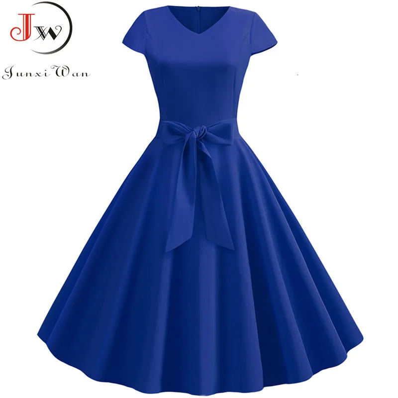 

Summer Vintage Dress With Belt Short Sleeve V-neck Elegant Retro Robe Rockabilly Swing Pinup Party Office Dresses Vestidos