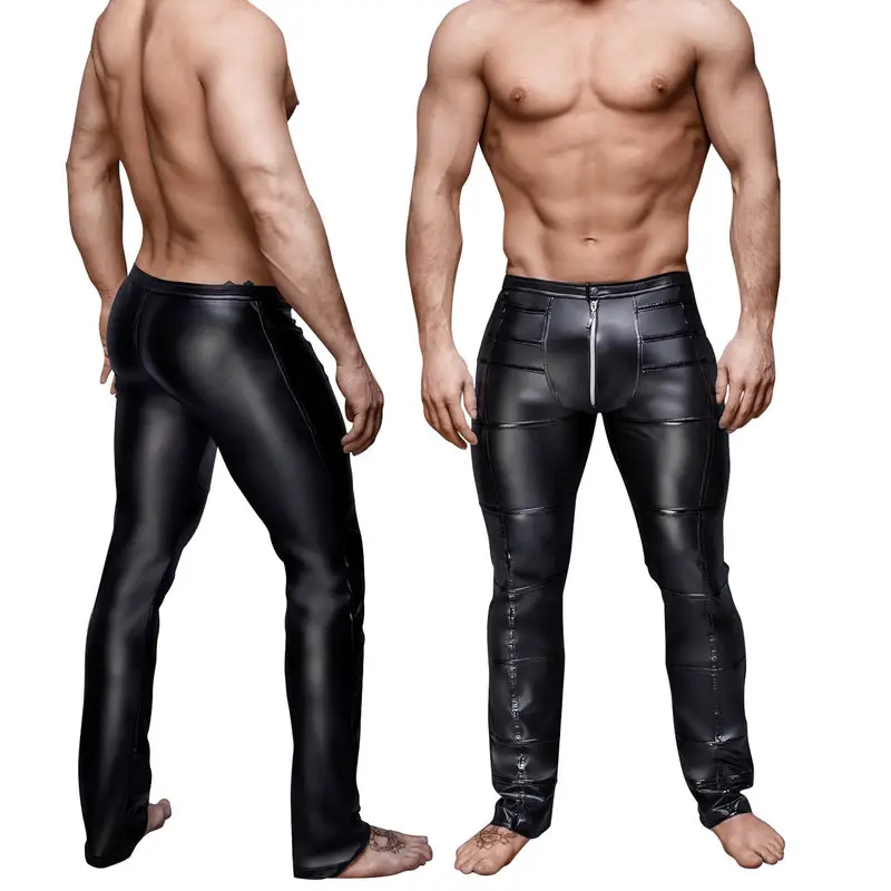 Men PU Leather Pants Patchwork Open 