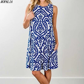

Summer Women Fashion Sleeveless O Neck Print A-Line Dress Novelty Dresses