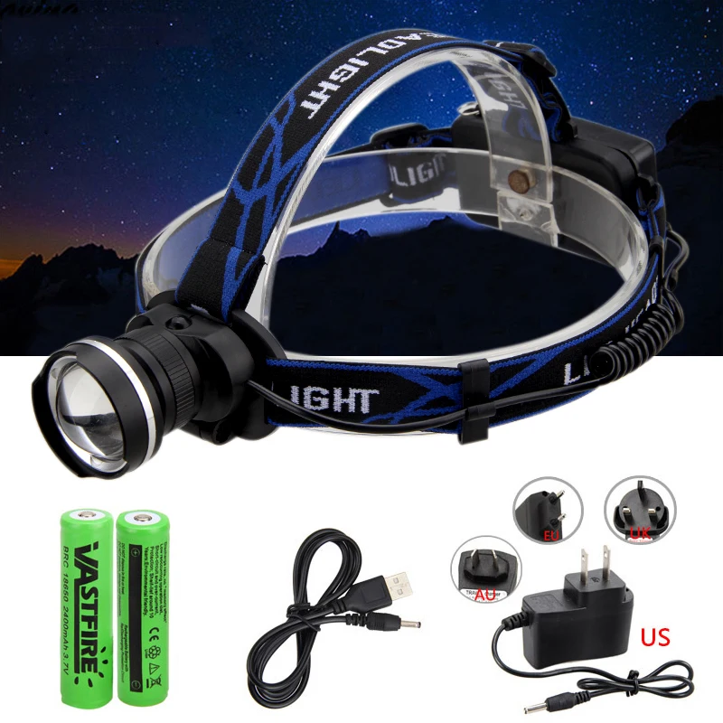 

Led Torch Head Zoomable Rechargeable 6000Lm LED XM-L T6 Headlamp USB Line Light Flashlight+Charger+2x18650 Batteries