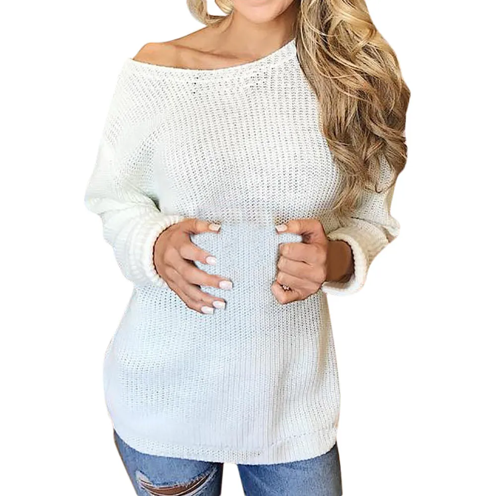 Женский свитер, пуловер с вырезом лодочкой, вязаный свитер, женский свободный джемпер оверсайз с длинными рукавами и круглым вырезом, женский свитер-пуловер - Цвет: Белый