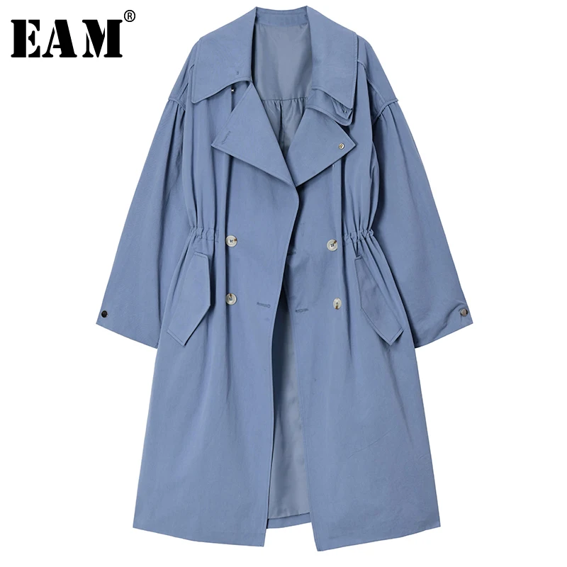 

[EAM] Loose Fit Blue Drawstring Split Big Size Long Jacket New Lapel Long Sleeve Women Coat Fashion Tide Spring 2020 1S636