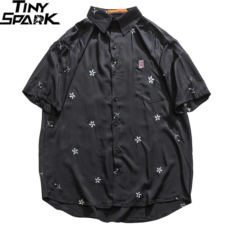 

2020 Hip Hop Streetwear Shirt Embroideried Floral Shirt Oversize Harajuku Beach Shirt Hawaiian Summer Short Sleeve Loose Tops
