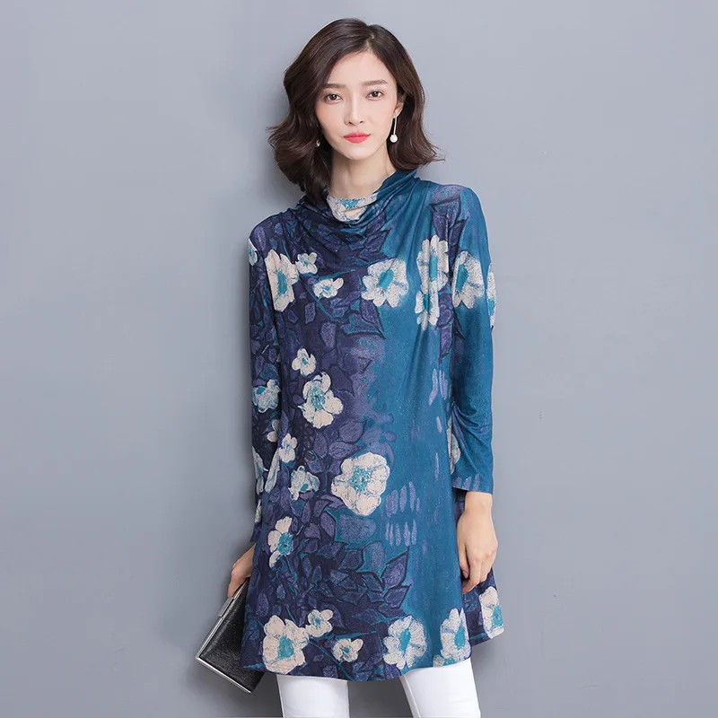 

2018 Autumn Clothing Fashion Printed Explicit Elegant Excellent Floral Loose And Plus-sized Heap Collar Dress Long Sleeve Nl9011