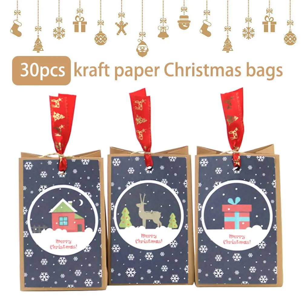 

new 30 kraft paper Christmas bags Christmas printing pattern square bottom bag Dining West Point packing kraft paper bag