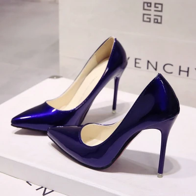 Модные удобные тонкие туфли телесного цвета на шпильке для работы женские туфли из лакированной кожи с острым носком на высоком каблуке 8 см; большие размеры - Цвет: blue 10CM