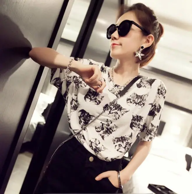 

2019 Summer Fashion T shirt Women Short Sleeve Round Neck Femme Cat Printed Soft Comfortable Tops Feminina Tee shirt
