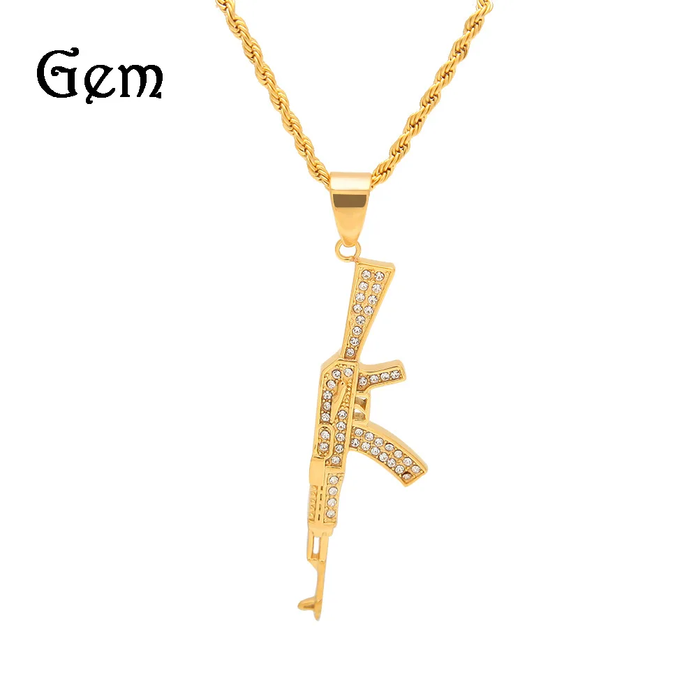 

2019 New Style Men And Women Hip Hop Stainless Steel Machine Gun Pendant Maintains Color Electroplated Rhinestone Inlaid Cool Fa