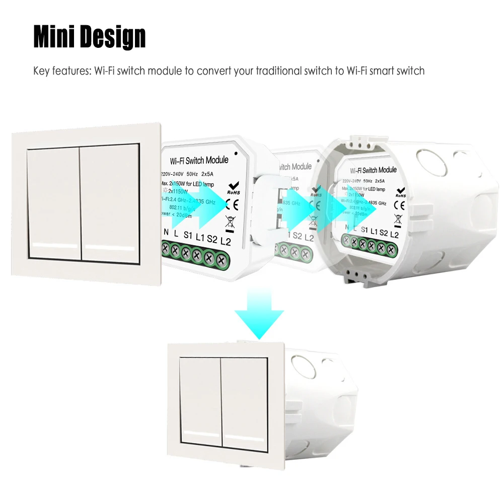 2 Gang 2 Way Wifi Smart Light Switch Breaker Module Smart Life/Tuya APP Remote Independent Control Switch for Alexa Google Home