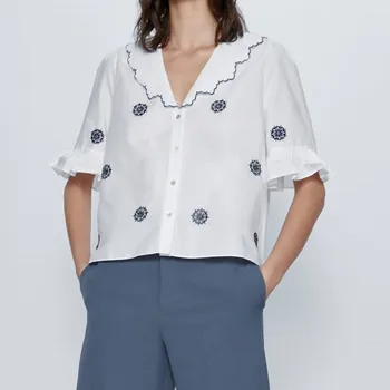 

ZA Contrasting Embroidery Shirt Women Summer 2020 Short Ruffle Sleeve Front Button Blouse Elegant Office Women's White shirts