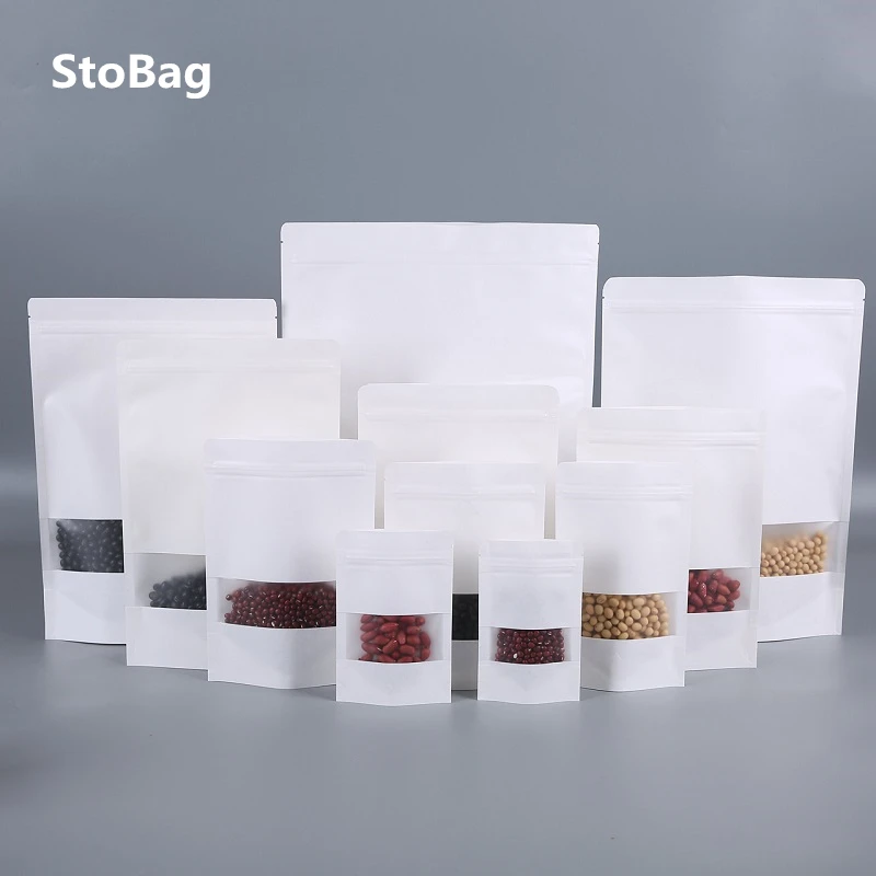 

StoBag 50pcs White Kraft Paper Ziplock Gift Bags Dried Fruit Snacks Standalone Food Frosted Window Kraft Paper Bags