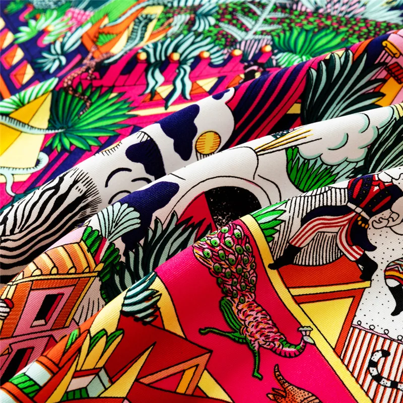 POBING Manual Hand Rolled Twill Silk Scarf Women Animals Kingdom Square Scarves Echarpes Foulards Femme Wrap Bandana Hijab 90CM 3