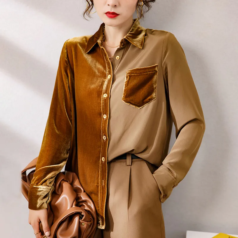 100% Silk Women's Runway Shirts Turn Down Collar