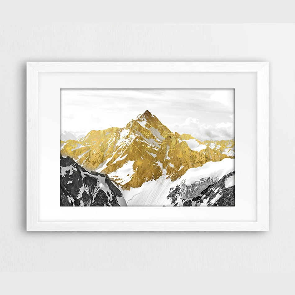Abstract Landscape Wall Art Gold Snow Mountains Birds Home Decor Canvas Painting
