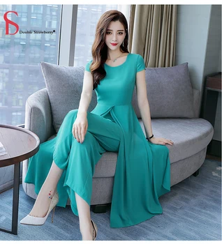 

DS 2020 Summer Short Sleeve Long Shirts and Wide Leg Pants Two-piece Large Size Fashion Women High Street 2 Pieces Set Suit