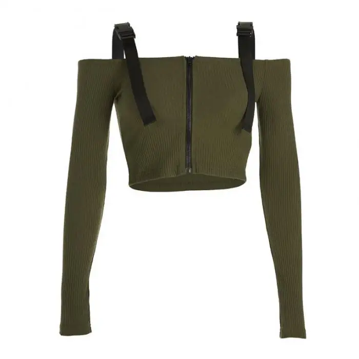 Pop Lady Short Top Solid Color Zipper Buckle Long Sleeve Off Shoulder Crop For Summer Pop 88