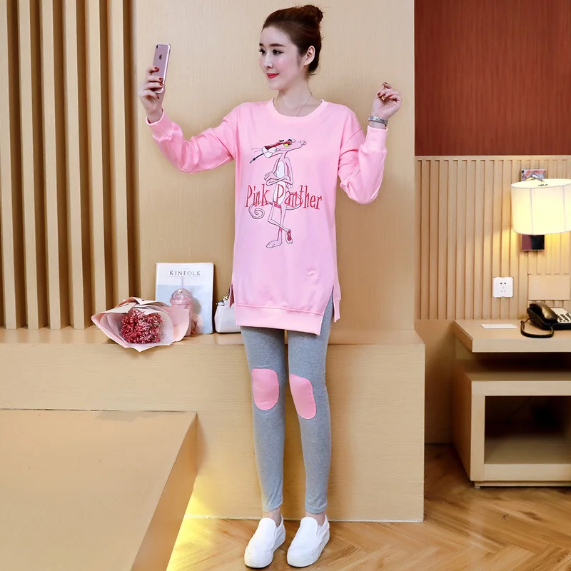 

2018 Spring And Autumn Korean-style Fashion Pregnant Women Set Sweet Printed Cotton Blend Tops Maternity Pants Two-Piece Set