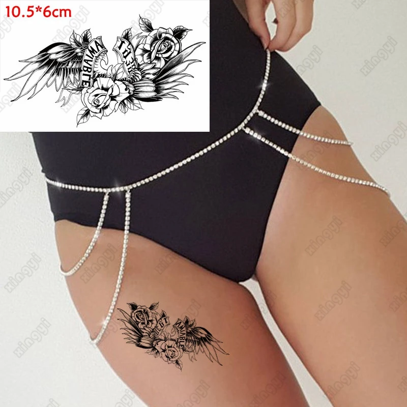

Waterproof Temporary Tattoo Sticker Black Wing Rose Flowers Flash Tatoo Arm Wrist WaterTransfer Fake Tatto Body Art Women Men