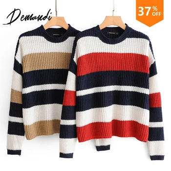 

DEMANDI Sweaters Women's Sleeve Stripe Fall 2019 New Women's Wear Fashion Round-collar Long Sleeve Loose Stripe Bottom Sweaters
