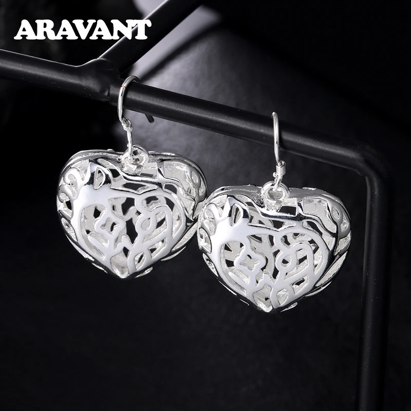 

925 Silver Hollow Heart Drop Earrings For Women Wedding Silver Pendientes Jewelry Gift