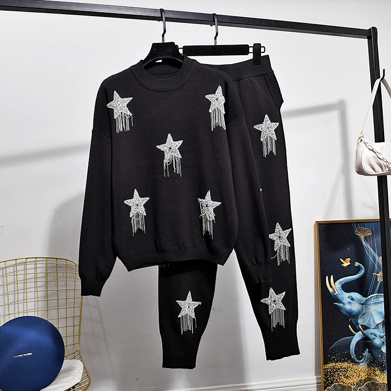 

Autumn Black Knitted Tracksuit Outfits Women Chain Tassel Pullover Sweater Long Pants 2 Piece Set Loose Casual Knit Suit Female