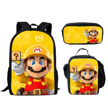 

Yellow Super Mario Pattern 16 Inch School Backpack With Lunch Box Pencil Case Backpack Women School Bags For Kids School