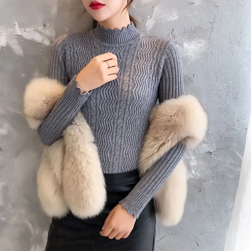 see chart Feminino и зима новая женская одежда с полувысоким воротником Тонкий облегающий свитер женский топ с рукавами трикотажное нижнее белье - Цвет: see chart