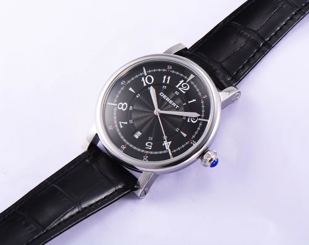 Deber 43 мм черный циферблат с датой кожаный ремешок Стильные повседневные мужские автоматические механические часы