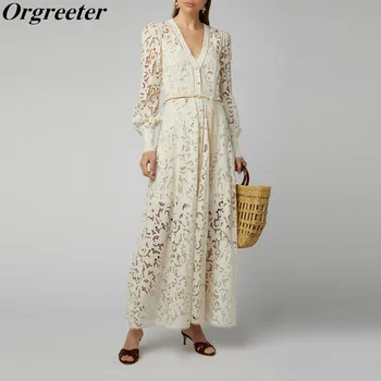 

High Quality Single-breasted V-neck Beige Long Lace Dress Women Sexy Embroidery Hollow out Mid Dresses Party Holiday Dress