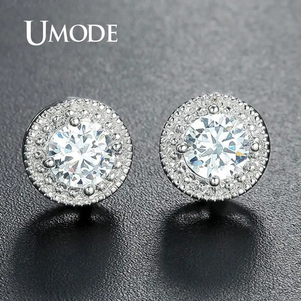 UMODE White Gold Round 0.5ct Stud Earrings for Women Girls Simple Cubic Zirconia Earrings Fashion Jewelry Accessories UE0259