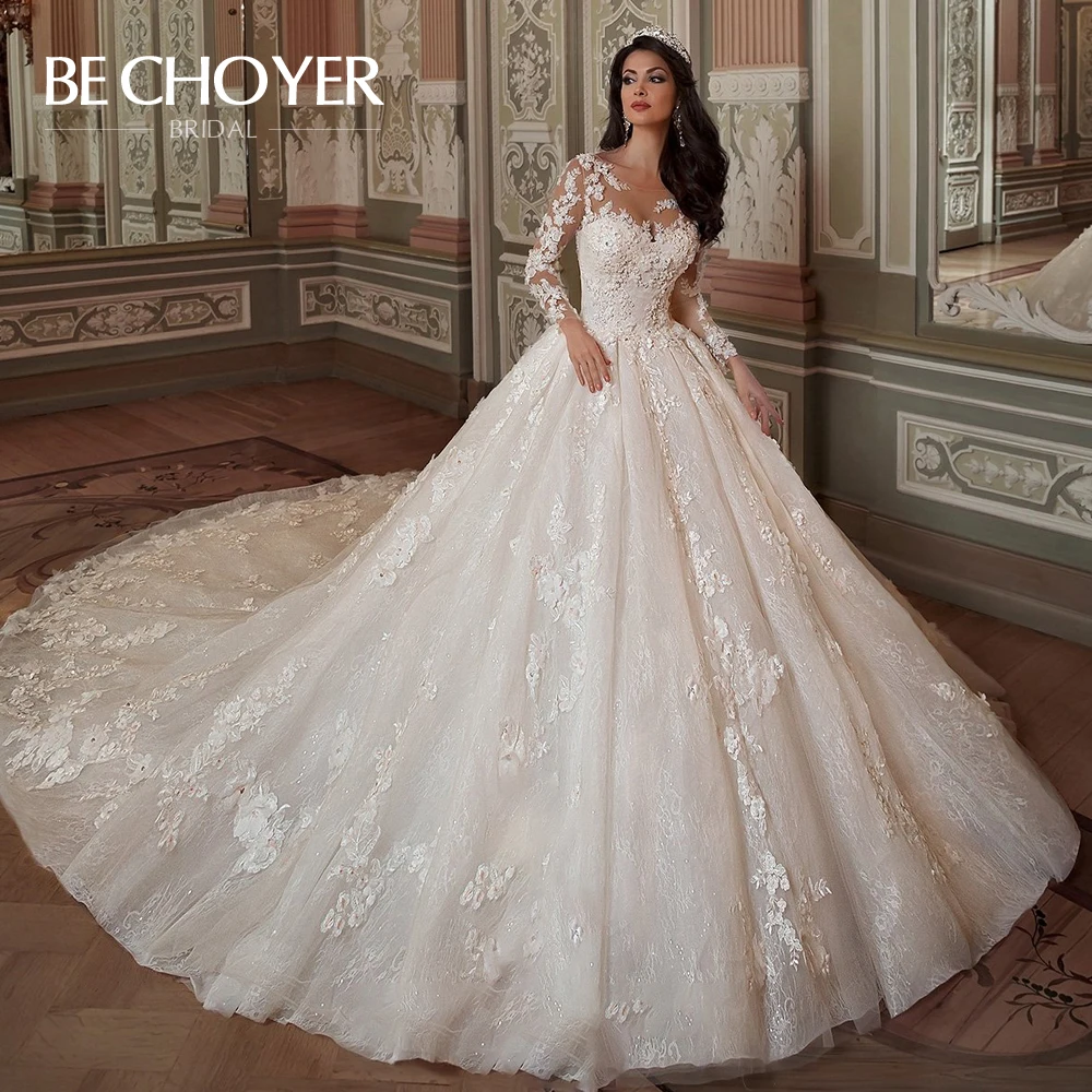 

Luxury 3D Flowers Appliques Wedding Dress BECHOYER N122 Long Sleeve Ball Gown Chapel Train Princess Bride Gown Vestido de Noiva
